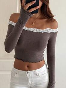 DAZY 女士露肩修身长袖休闲套头衫优雅T恤 Y2k - 卡其色 - 查看 4