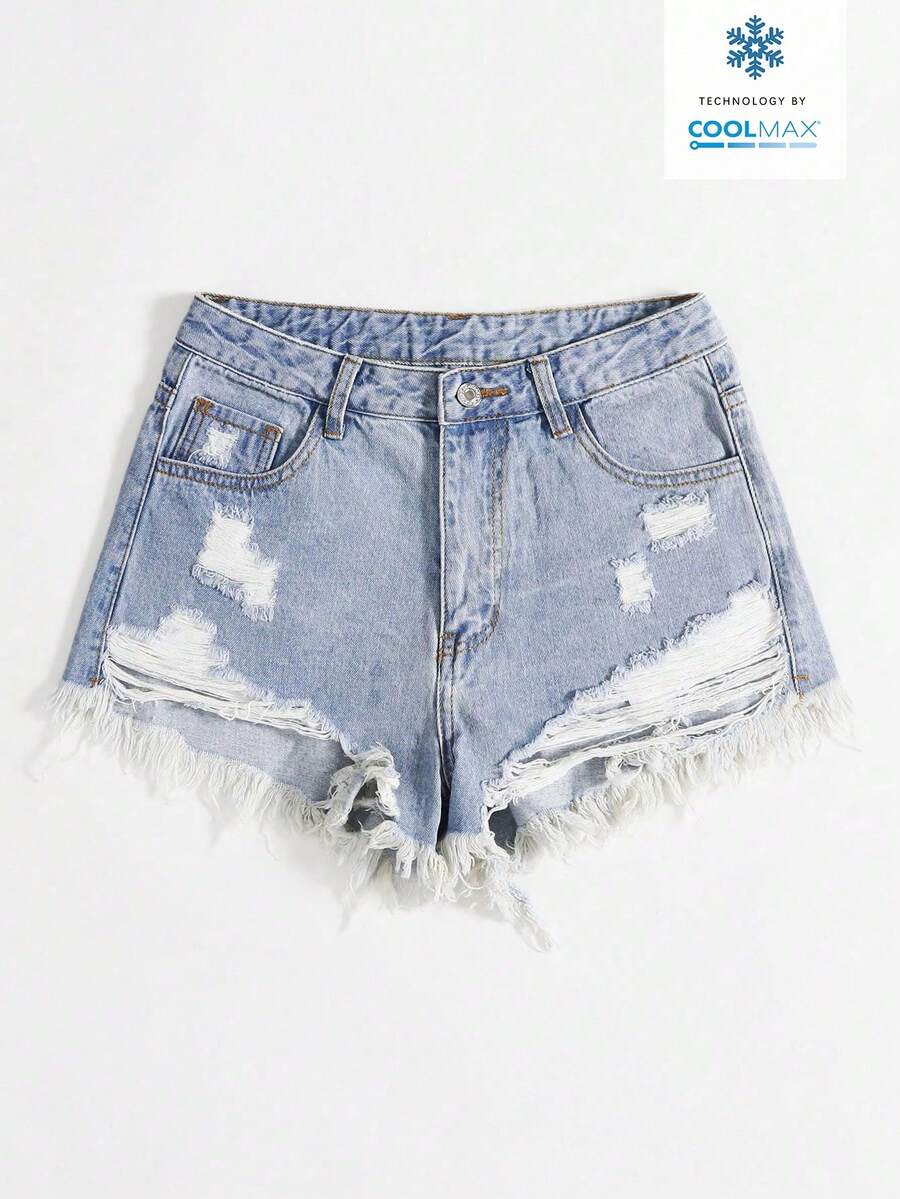 Rivivi Quần short denim nữ kiểu dáng thường ngày, rách nhẹ, có túi và gấu quần tua rua, đa năng cho trang phục hàng ngày. - Màu xanh lam - Xem 1