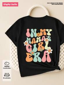 SHEIN 女婴休闲舒适时尚简约花卉字母印花短袖 T 恤，春夏 - 黑色 - 查看 4