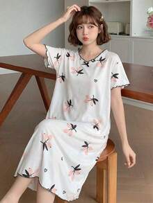 Vestido de Pijama Minimalista e Fofo com Estampa de Cereja para Meninas, Decoração com Laço Preto, Vestido Casual de Uso Doméstico para Meninas Pré-Adolescentes - Branco - Visão 1