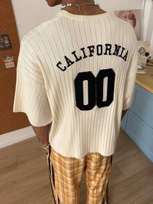 STEELVANCE Men's Casual Letter Embroidery Short Sleeve Ribbed Knit Top, Summer - Beige - View 4