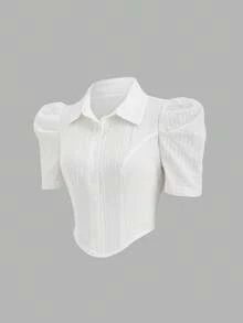 Sweetra 羊腿袖修身短款衬衫，学院风白色女式衬衫，春夏款 - 白色 - 查看 3