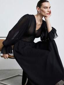 Aveloria Modichic European And American Retro Fashion Casual V-Neck Hollow-Out Long Sleeve Dress - Black - View 5