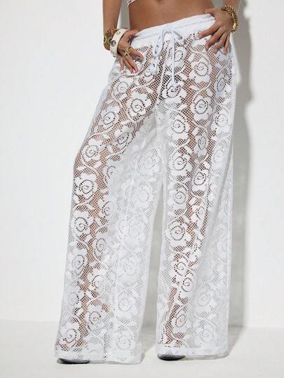 Coolane Women's Spring/Summer Plain/Casual Chic Boho Vacation Vacation/Boho/Sexy Outfits Lace Floral Comfortable White Straight Leg Long Pants,White Pants,Beach