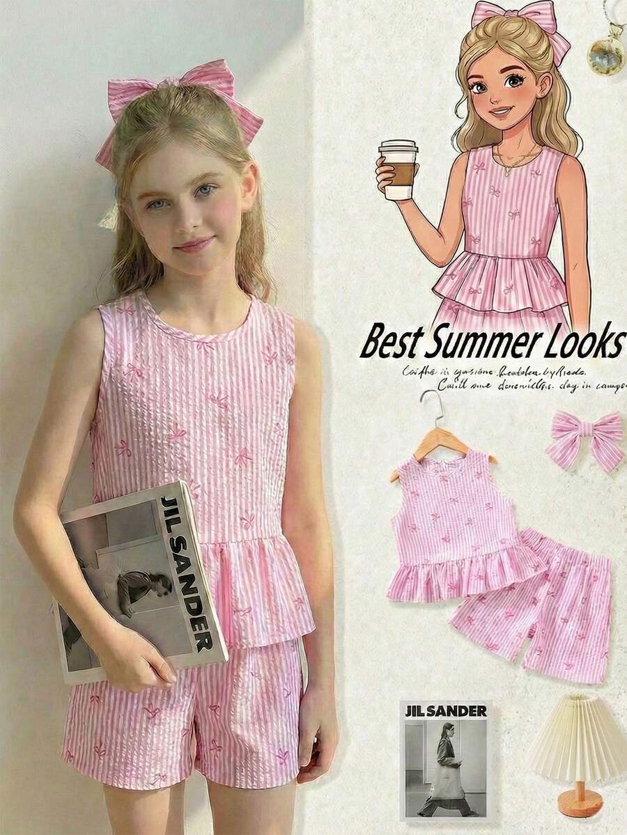 Young Girls T-Shirt Set, Sleeveless Top + Ruffle Hem Babydoll Style, Paired With Matching Shorts, Overall Fresh Casual Set; Soft Pink Tone + Bow Accent, Typical Sweet Style Suitable For Spring-Summer - Pink - View 1