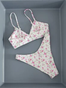 Swim Mod Floral Print Spaghetti Strap Bikini Set, Spring/Summer - Multicolor - View 2