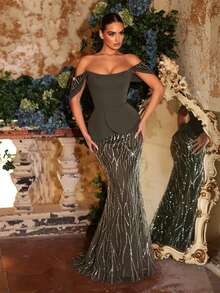 Glamrae Elegant, Glamorous, And Stylish Military Green Sequined Embroidery, Patchwork Stretch Knit, Leaf Cap Sleeves, Faux Two-Piece Design, Sailboat Neckline, Mermaid Silhouette, And Train. Suitable For Wedding Guests, All Formal Occasions, Valentine's Day, And Evening Gowns. - Army Green - View 6