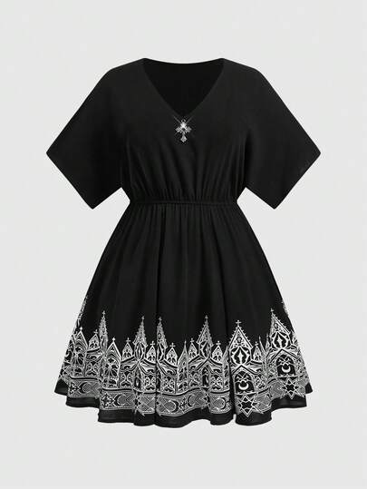 ROMWE Goth Vestido holgado de talla grande con estampado de castillo oscuro gótico para mujeres