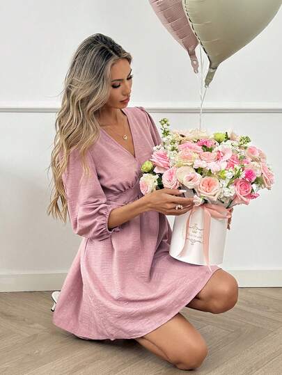 Easowa Deep V-Neck Lantern Sleeve High Waist Doll Style Dress, Special Texture Fabric, Casual Relaxed Elegant Office Commute Vintage Spring/Summer Mini Dress For Women