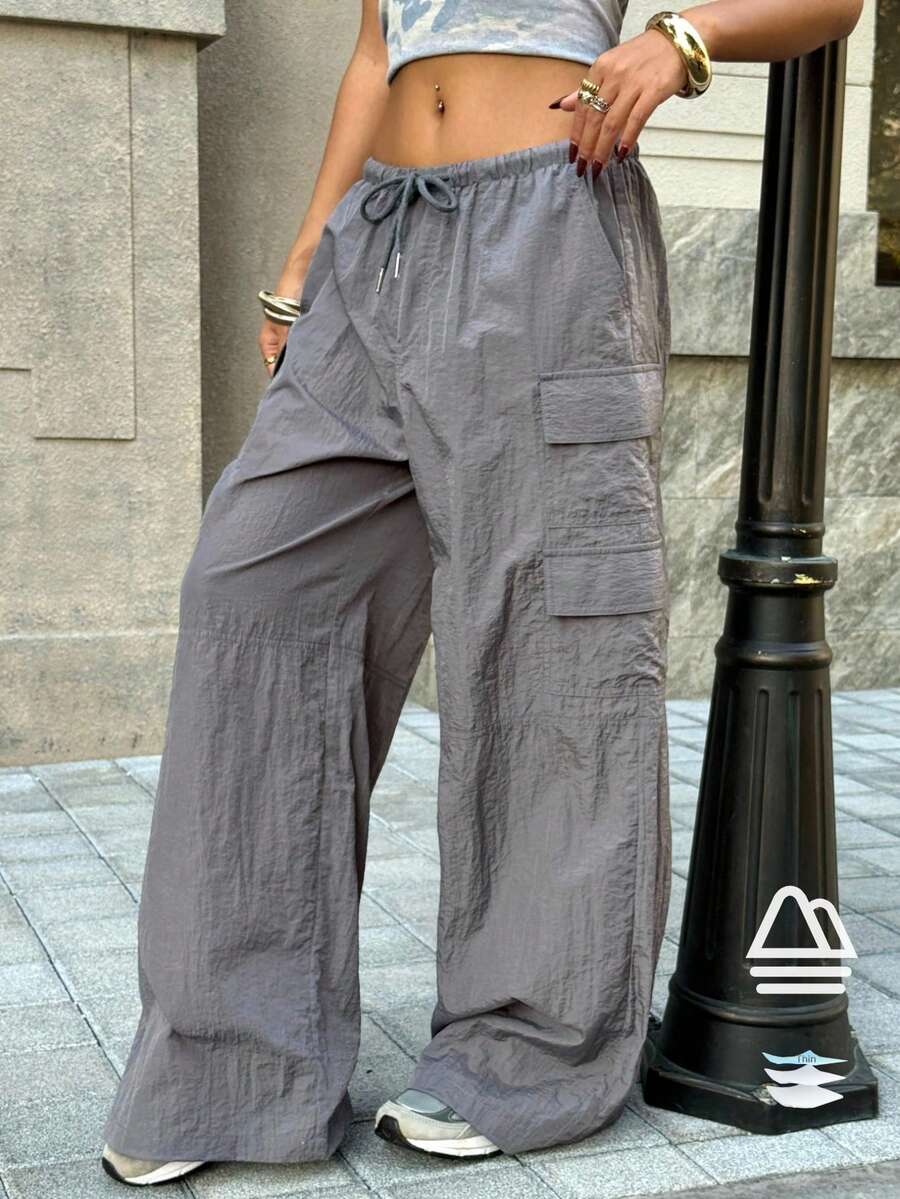Muchica Summer Women's  Going Out Casual Charcoal Grey Woven Drawstring Waist Cargo Pants - Grey - View 1