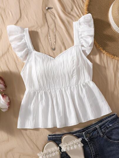SHEIN Summer Tops [Summer Fresh Girl-Next-Door Vibe Street Style]Girls' Camisole Tank Top With Ruffle Flutter Sleeves, Soft Milky White Crinkle Waist-Cinching Design-Perfect For Girls Who Love Sweet & Edgy Looks, Great As Both Outerwear And Layering Piece, An Essential Elegant Blouse! Teen Girl Summer Top