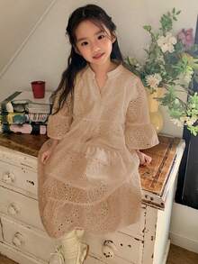 Dazy Kids 女童宽松休闲度假风中长连衣裙，夏季新品 - 卡其色 - 查看 2