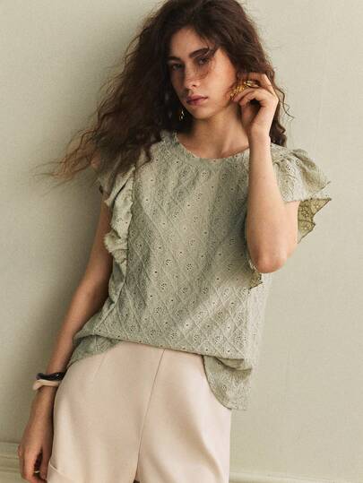 Écloséra French Retro Jacquard Bean Green Short-Sleeved T-Shirt, Summer , Casual Retro T-Shirt, Vacation, Summer Holiday. Summer Tops Women Sage Green Tops Puff Sleeve Tops Knit Top Women Eyelet Top For Women