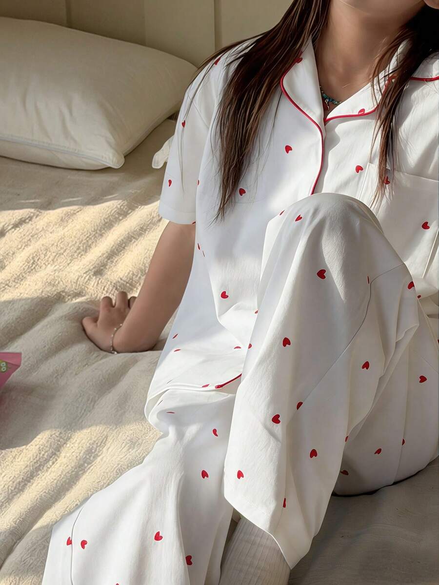 DAZY Tween Girl Fall Clothes, Tween Girls Heart Pattern All-Over Print Contrast Trim Loungewear Set Summer - White - View 1
