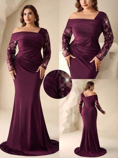 Coutiva Plus-Size Elegant Asymmetrical Neckline Sequined Embroidery Off-Shoulder Long-Sleeved Deep V-Neck Mermaid Skirt Formal Evening Gown, Suitable For Wedding Guests, Graduation Ceremonies, Or Breaking-Of-Hall Attire. Plus Size Purple Dress Off The Shoulder Plus Size Dress Plus Size Dresses Burgundy Curve Elegant Dress Plus Size Sexy Dress Plus Size Evening Gown Purple Women Evening Dress Plus Elegant Dress Curve Formal Evening Gown Plus Formal Dress