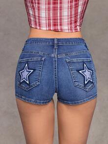 Jeanoix Women's Fashion Casual Y2K Embroidered Skinny Denim Shorts - Dark Wash - View 2