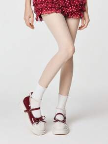 ROMWE Kawaii 女士可爱蝴蝶结蕾丝拼接坡跟厚底鞋 日系学院风浪漫甜美酒红色白色撞色鞋 - 白紅拼接 - 查看 2