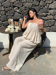 Sunnyshic Bộ đồ 2 món cỡ lớn, kiểu dáng thường ngày, họa tiết hoa, gồm áo hai dây và quần ống rộng, thích hợp cho kỳ nghỉ. - Màu be - Xem 1