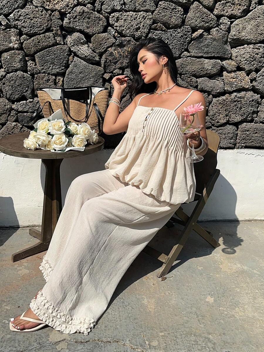 Sunnyshic Bộ đồ 2 món cỡ lớn, kiểu dáng thường ngày, họa tiết hoa, gồm áo hai dây và quần ống rộng, thích hợp cho kỳ nghỉ. - Màu be - Xem 1