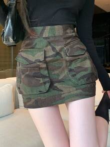 FRIFUL Women's Straight Camouflage Bodycon Mini Skirt - Army Green - View 4