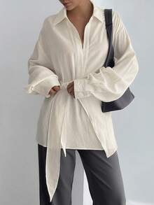 DAZY 女式半开襟侧系带套头衫休闲优雅衬衫长袖上衣 - 白色 - 查看 4