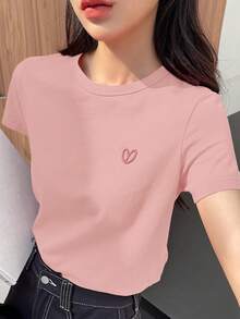 DAZY Women Summer Casual Solid Color Short Sleeve T-Shirt With Heart Embroidery Valentine Valentine's Day Old Money Style Business Casual Woman Work Clothes - Pink - View 6