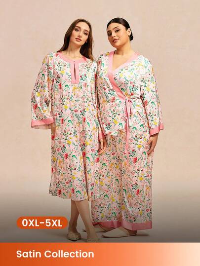 LUVLETTE Conjunto de pijama de kimono floral rosa para mujer de talla grande para primavera y otoño - Top de satén de manga larga y pantalones de pierna ancha con ribete de contraste