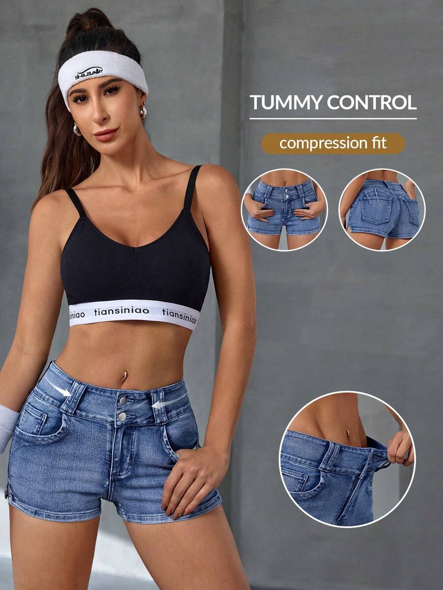 Flexra Shorts vaqueros de corte slim con abertura, versátiles para el verano - Azul - Ver 1