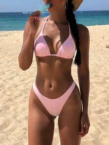Swim Mod Halter Tie Pink Rhinestone Embellished Bikini Swimwear Set - Pink - View 4