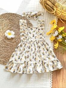 SHEIN Vintaside Kids 春夏两件套 - 新生女婴浅黄色卡通蜜蜂图案圆领连衣裙，搭配可爱丝带发带。款式可爱甜美，舒适柔软。采用厚度适中的针织面料制成，版型合身。适合居家休闲、度假、玩耍或拍照。也适合参加派对和其他活动。 - 彩色 - 查看 2