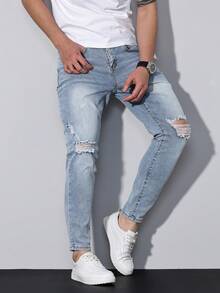 Manfinity Homme Men's Light Blue Ripped Skinny Jeans  With Pockets, Breathable, Suitable For City Walking, Family, Outdoor Activities, All Season, Emo Style - Light Wash - View 6