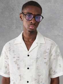 SUMWON Burnout Organza Crop Button Down Short Sleeve Collared Shirt With Textured Fabric Detail - Apricot - View 6