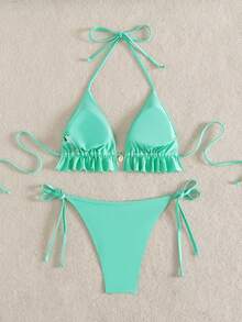 Swim Mod Đồ bơi nữ, đồ bơi mùa hè cho nữ, màu trơn, viền bèo nhún, cổ yếm buộc dây, bộ bikini hai mảnh. - Màu xanh lam - Xem 2