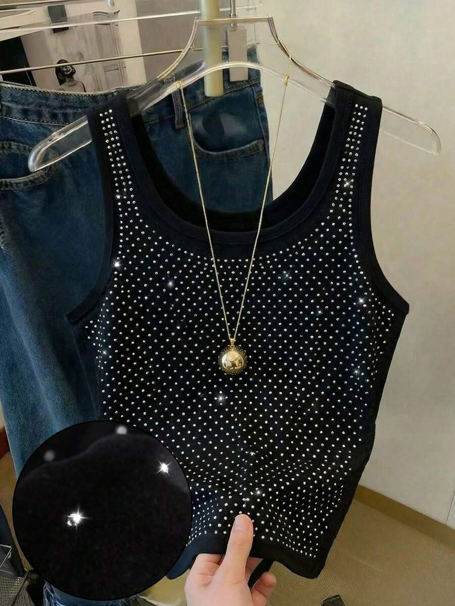 Resyla Shiny Rhinestone Embellished Minimalist Style Women's Tank Top, A Great Gift For Friends - Black - View 1