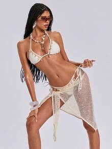 ROMWE Avant Spring/Summer Women's Sexy Vacation Style Triangle Wrap Hollow Pearl Crochet Cover-Up Skirt - Apricot - View 8