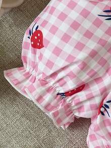 SHEIN Vintaside Kids 1件女婴舒适休闲印花荷叶边白色短袖百搭基础连衣裙，配可爱印花同款包包，适合春夏上学、旅行、度假和日常穿着 - 粉色 - 查看 7