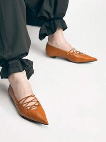 Mnmlis 芭蕾舞鞋系带尖头细跟高跟鞋小号皮鞋 - 棕色 - 查看 8