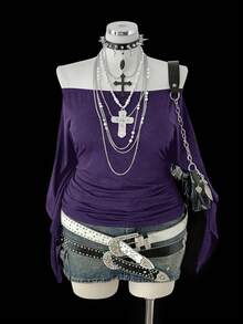 Sunspun Plus Size Women Retro Punk Style Off-Shoulder Ruched Waist Long Sleeve T-Shirt, Suitable For Daily Wear And Office Commute - Purple - View 4