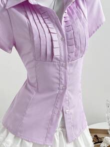 Elamini Summer Sweet Ruffled Waist Versatile Striped Collar Short Sleeve Shirt - Purple - View 4
