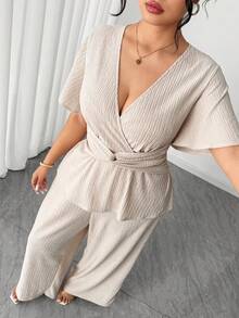 Elenzga Elegant Plus Size Apricot Knitted Deep V Neck Ruffle Hem Short Sleeve Long Pants Two Piece Set - Apricot - View 5