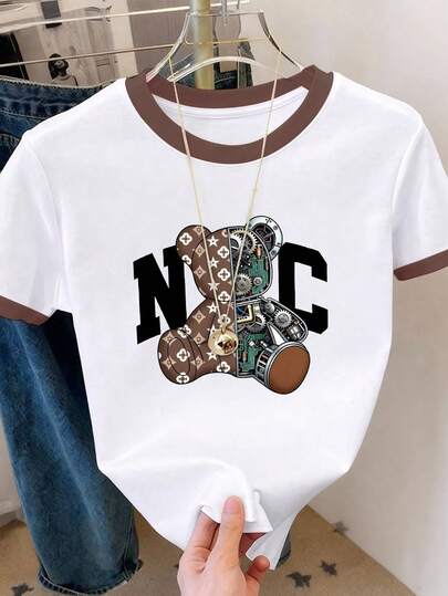 Resyla 大码女式T恤，夏季新品，时尚百搭，白色、棕色，撞色设计，图案设计，小熊，可爱小熊，返校季，教师节，街头摄影，大码T恤