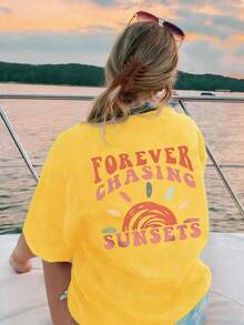 EMERY ROSE Large Short-Sleeved T-Shirt For Women Plus Printed With Slogan Pattern, Suitable For Summer FOREVER CHASING SUNSETS Graphic Tees Women Tops - Yellow - View 2