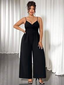 Cravure Plus Size Women's Black Summer Elegant Dinner Jumpsuit,Sleeveless Criss Cross Cami Crossover Bust Strap High-Waisted Wide Leg Woven Cropped Jumpsuit - Black - View 7