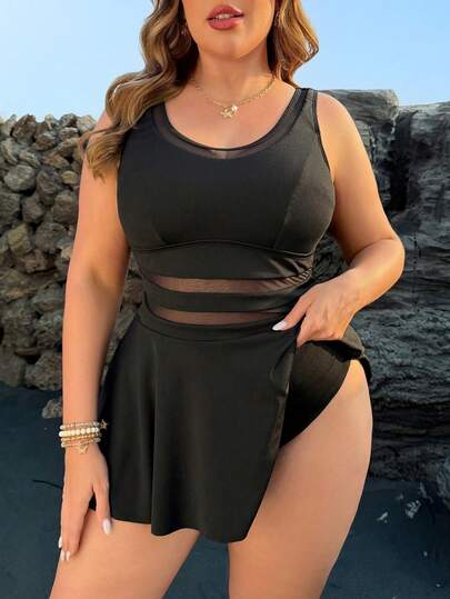 Swim Lushoire Plus Size Women Ribbed Solid Color Tankini Swimsuit