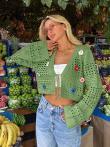 EURMUSE Áo khoác cardigan dệt kim móc dành cho nữ với họa tiết hoa thêu. - Màu xanh Bạc hà - Xem 2