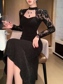 Joudiya 春夏黑色亮片闪亮镂空蕾丝网拼接性感夜店音乐节情人节婚礼派对宴会礼服优雅修身鱼尾长袖连衣裙 - 黑色 - 查看 12