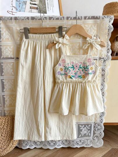 SHEIN 女童休闲乡村风刺绣吊带背心搭配蝴蝶结装饰宽松直筒裤套装，亲肤舒适，适合夏季穿着