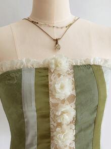 ROMWE Fairycore 女士复古仙女风精灵多色面料拼接缎面3D立体花卉胸衣上衣 - 綠色 - 查看 9