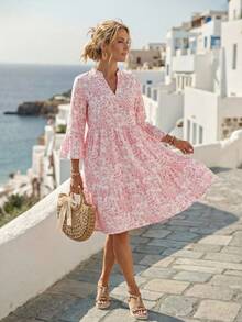 EMERY ROSE 女式花卉印花缺口领喇叭袖连衣裙，适合春夏季度假 - 粉色 - 查看 5