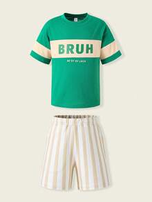 SHEIN Casuvi Kids Young Boy Colorblock Raglan Tee & Striped Shorts Set,Casual American Letter Graphic Comfortable Summer Outfit, Green Sprunki Shirt Kids 2pcs - Dark Green - View 4